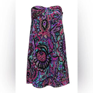 Tibi Silk Multicolored Metallic Bohemian Print Strapless Empire Waist Dress Sz 8